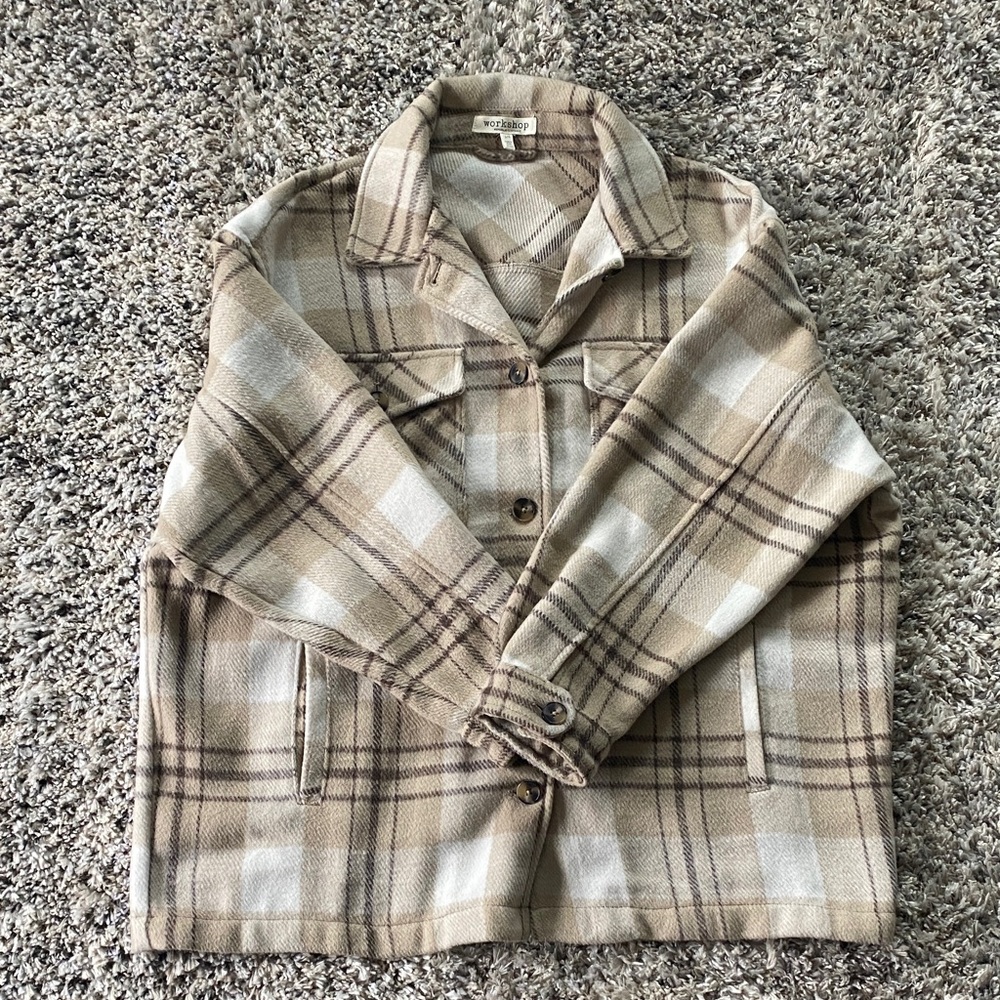 Workshop Republic Clothing Beige Plaid Wool-Blend Shacket